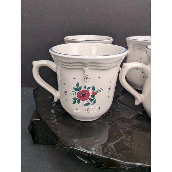 Tienshan Stoneware 2 Sided Floral Cup w/Blue Rim 8 Oz Replacement Lot of 4 - Picture 4 of 8